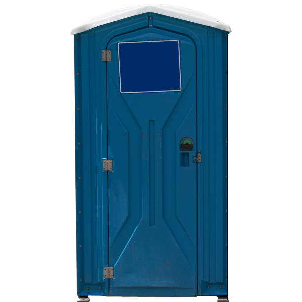 Portable blue toilet with blank sign on door. Isolated on white background.